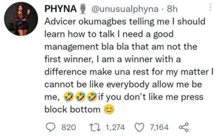 
“I’m A Winner With A Difference; Allow Me Be Me” – Phyna Slams Critics Telling Her To Learn How To Talk 
