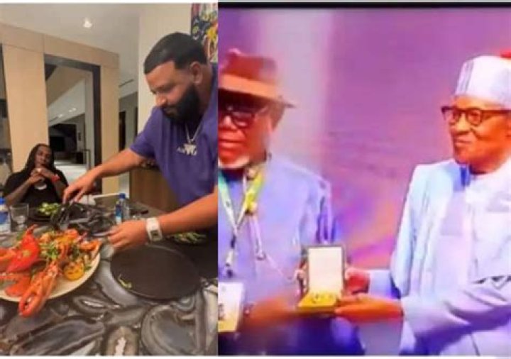
Odogwu dey Dj Khaled crib dey chop lobsters- Reactions as Burna Boy’s father receives MFR award on his behalf from Buhari 